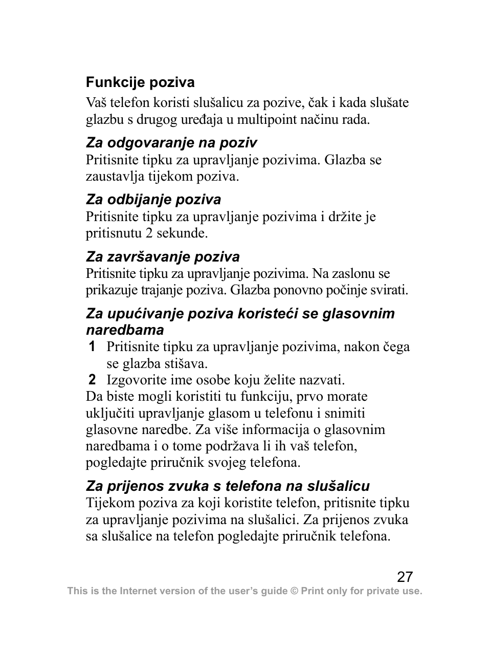 Funkcije poziva | Sony Ericsson HBH-DS970 User Manual | Page 28 / 64