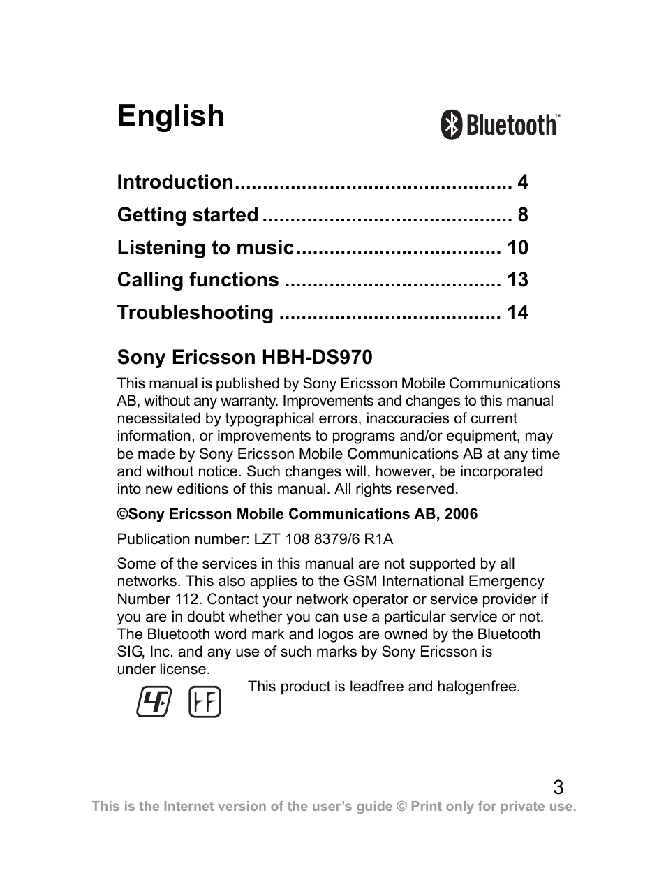 English, Sony ericsson hbh-ds970 | Sony Ericsson HBH-DS970 User Manual | Page 4 / 64