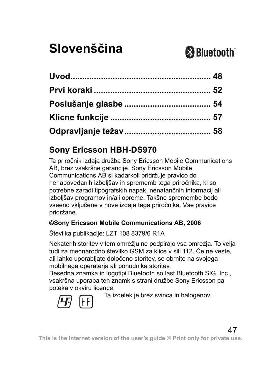 Slovenščina, Sony ericsson hbh-ds970 | Sony Ericsson HBH-DS970 User Manual | Page 48 / 64