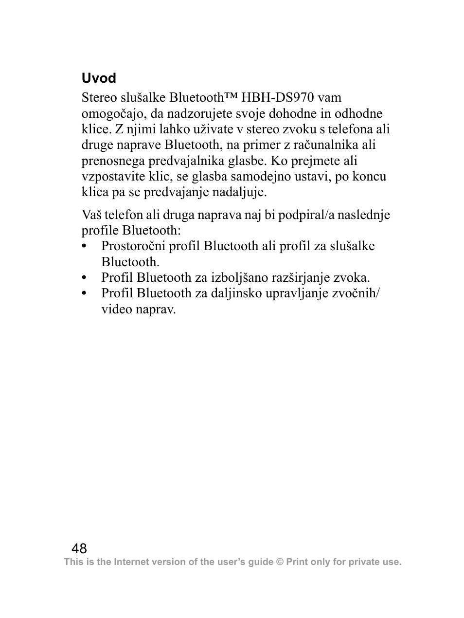 Uvod | Sony Ericsson HBH-DS970 User Manual | Page 49 / 64