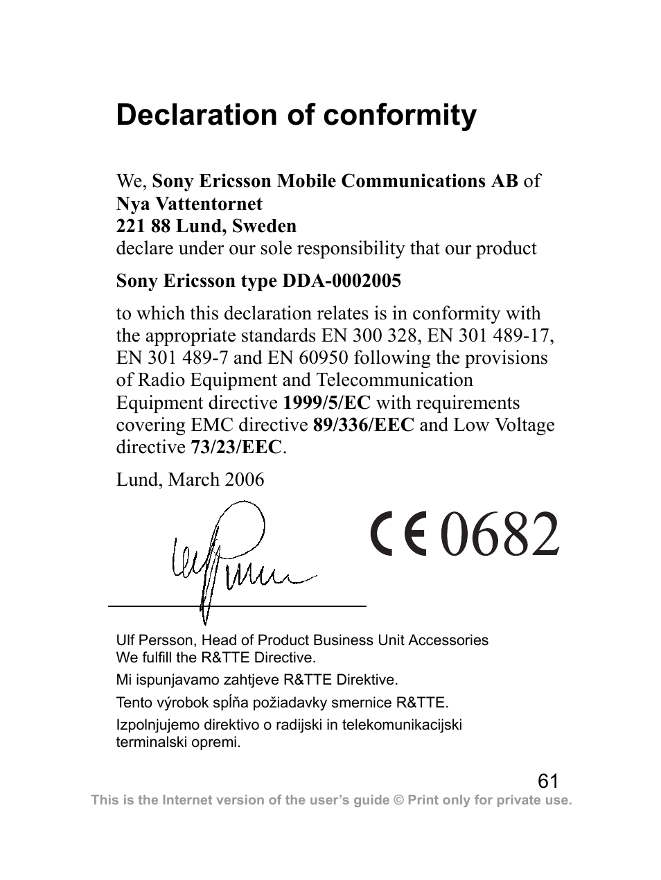 Declaration of conformity | Sony Ericsson HBH-DS970 User Manual | Page 62 / 64