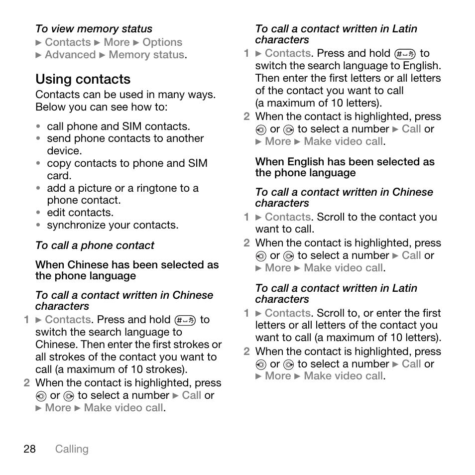 Using contacts | Sony Ericsson K800i User Manual | Page 28 / 105