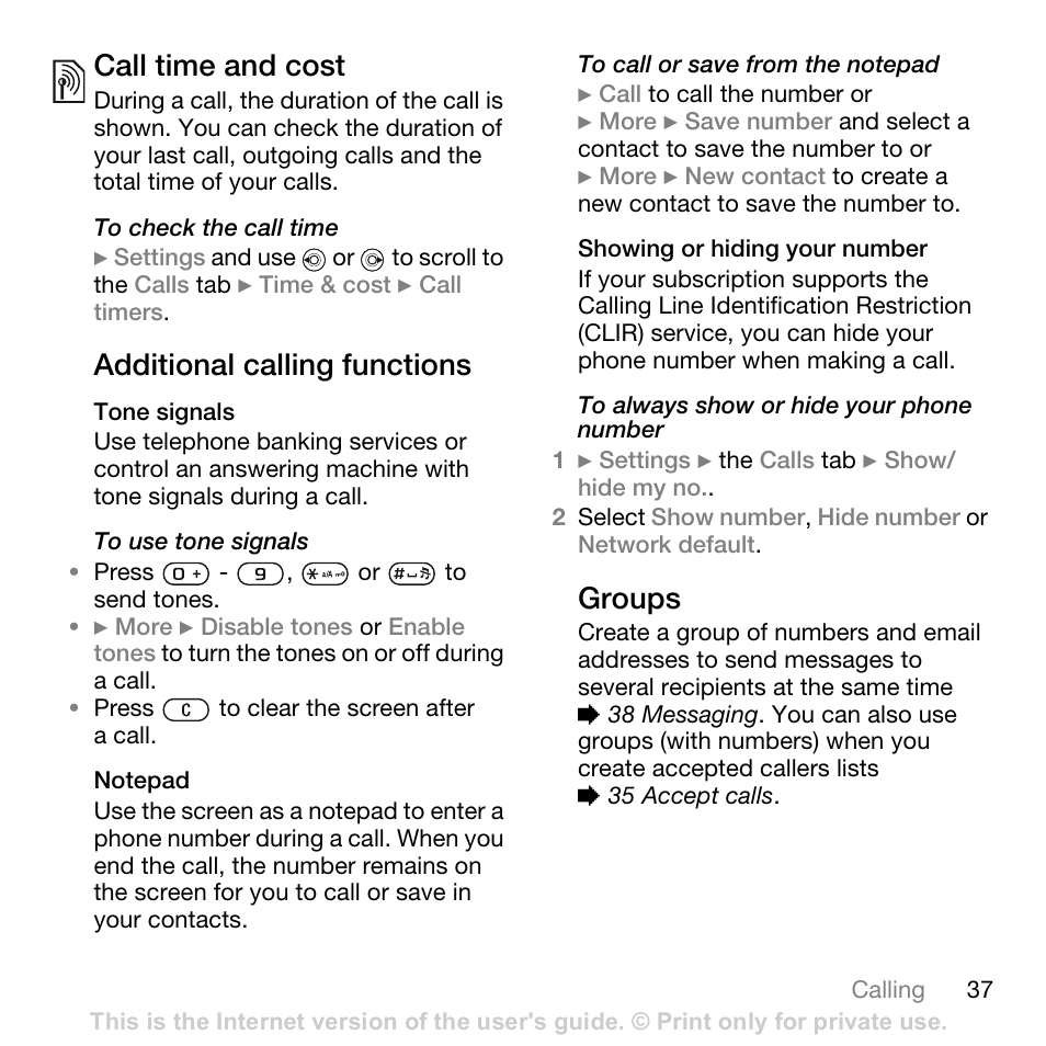 Call time and cost, Additional calling functions, Tone signals | Notepad, Showing or hiding your number, Groups, Conten ts, Sony ericsson t618 | Sony Ericsson K800i User Manual | Page 37 / 105