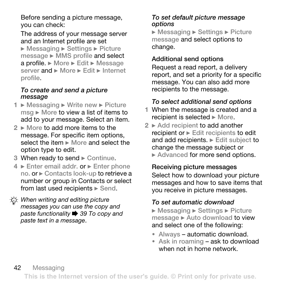 Additional send options, Receiving picture messages, Conte nts | Sony ericsson t618 | Sony Ericsson K800i User Manual | Page 42 / 105