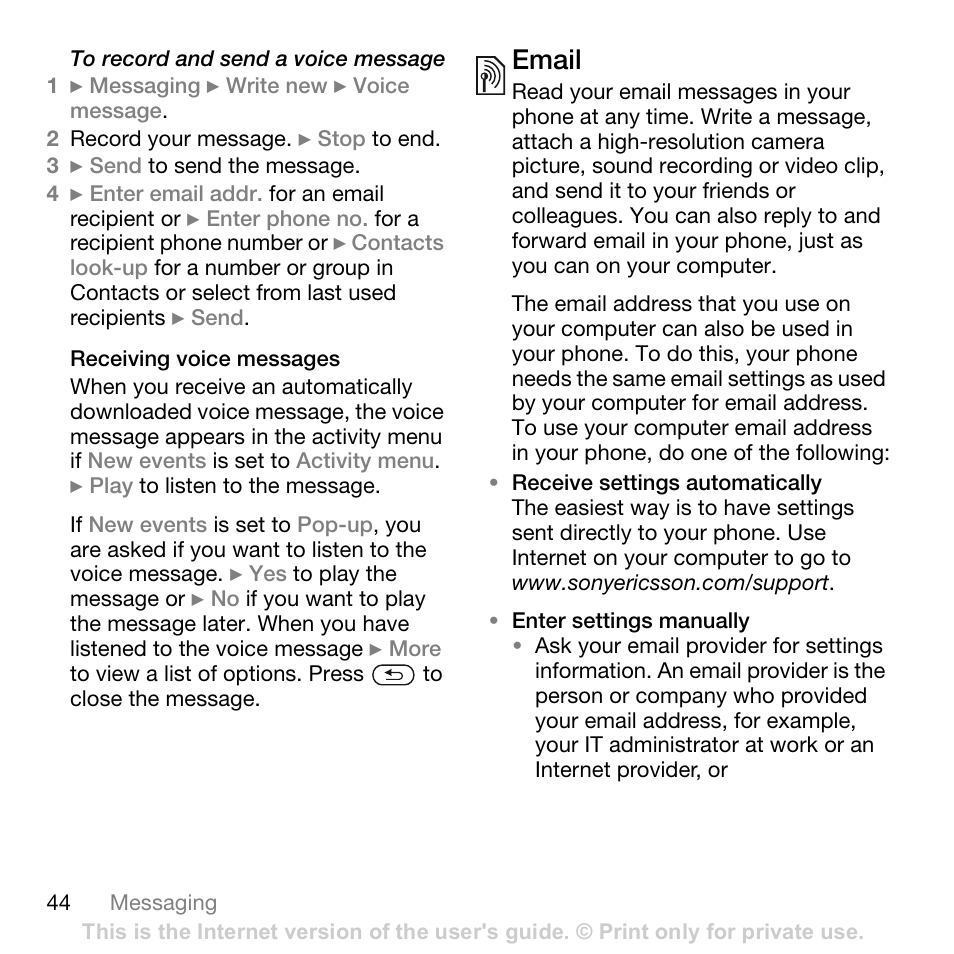 Receiving voice messages, Email, Conten ts | Sony ericsson t618 | Sony Ericsson K800i User Manual | Page 44 / 105