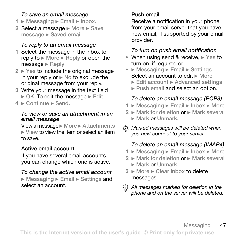 Active email account, Push email, Conte nts | So ny e ricsson t618 | Sony Ericsson K800i User Manual | Page 47 / 105
