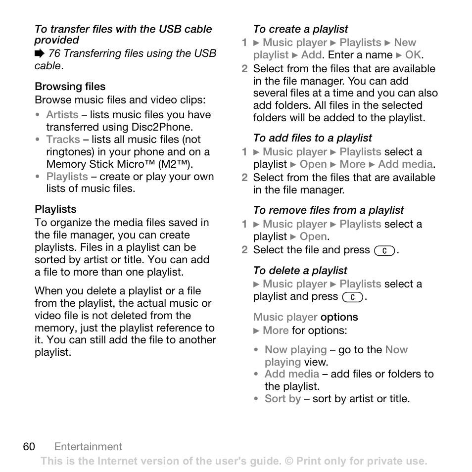 Browsing files, Playlists, Music player options | Cont ents, Sony ericsson t618 | Sony Ericsson K800i User Manual | Page 60 / 105