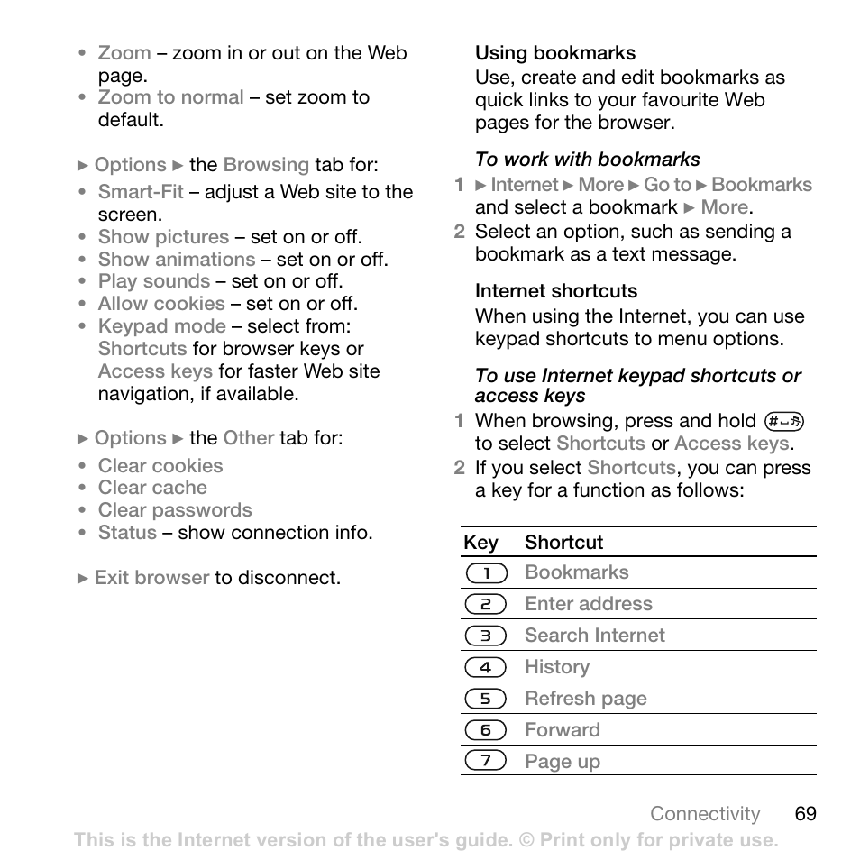 Using bookmarks, Internet shortcuts, Content s | Sony ericsson t618 | Sony Ericsson K800i User Manual | Page 69 / 105