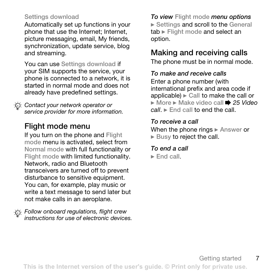 Settings download, Flight mode menu, Making and receiving calls | 7 flight mode, Menu, Ging, chat and e-mail, Content s, Sony ericsson t618 | Sony Ericsson K800i User Manual | Page 7 / 105