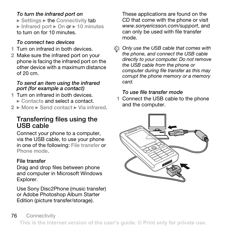 Transferring files using the usb cable, File transfer, 76 transferring files using the usb | Cable, Setting up wap and e-mail 63, All you, Computer, 76 transferring files using, The usb cable, Sim card lock, phone lock | Sony Ericsson K800i User Manual | Page 76 / 105