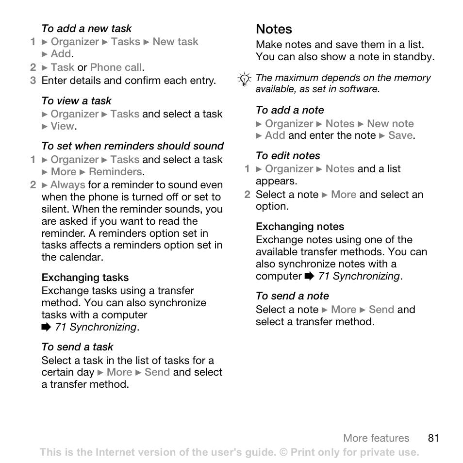 Exchanging tasks, Notes, Exchanging notes | Content s, Sony ericsson t618 | Sony Ericsson K800i User Manual | Page 81 / 105