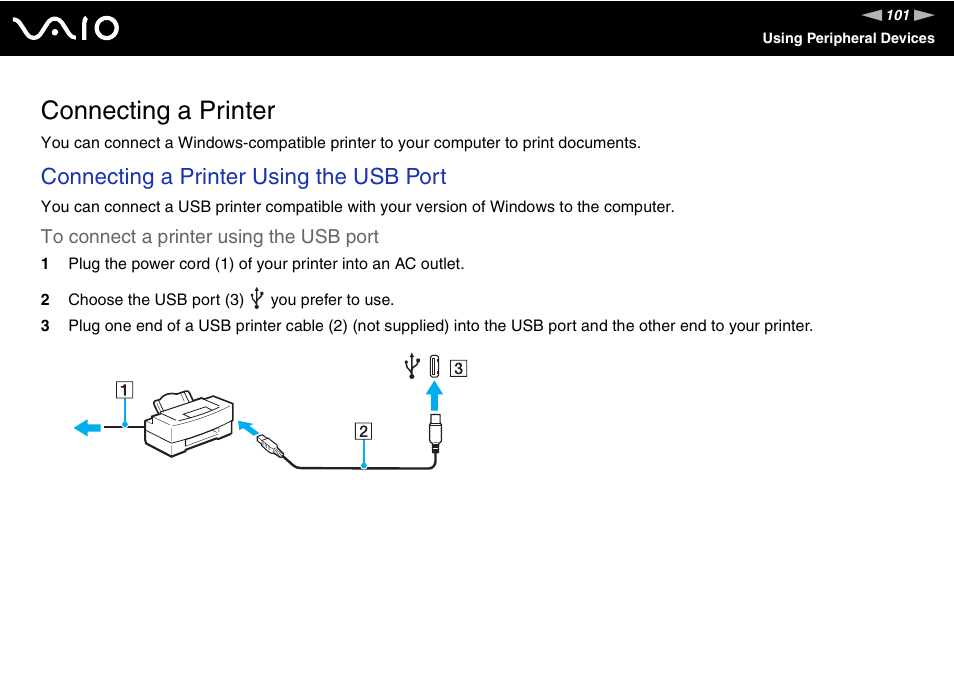 Connecting a printer, Connecting a printer using the usb port | Sony Ericsson VGN-SZ700 User Manual | Page 101 / 235