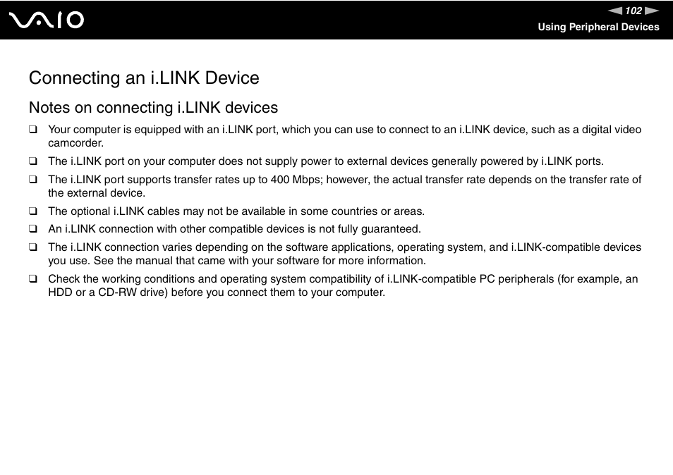 Connecting an i.link device | Sony Ericsson VGN-SZ700 User Manual | Page 102 / 235