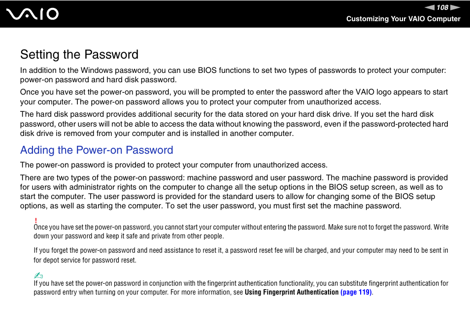 Setting the password, Adding the power-on password | Sony Ericsson VGN-SZ700 User Manual | Page 108 / 235