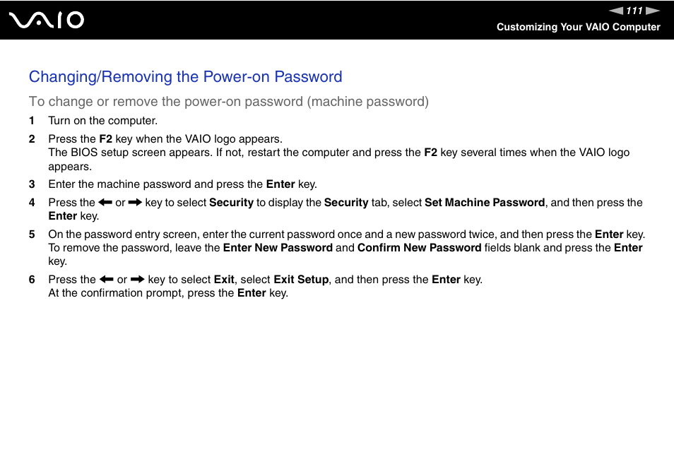 Changing/removing the power-on password | Sony Ericsson VGN-SZ700 User Manual | Page 111 / 235