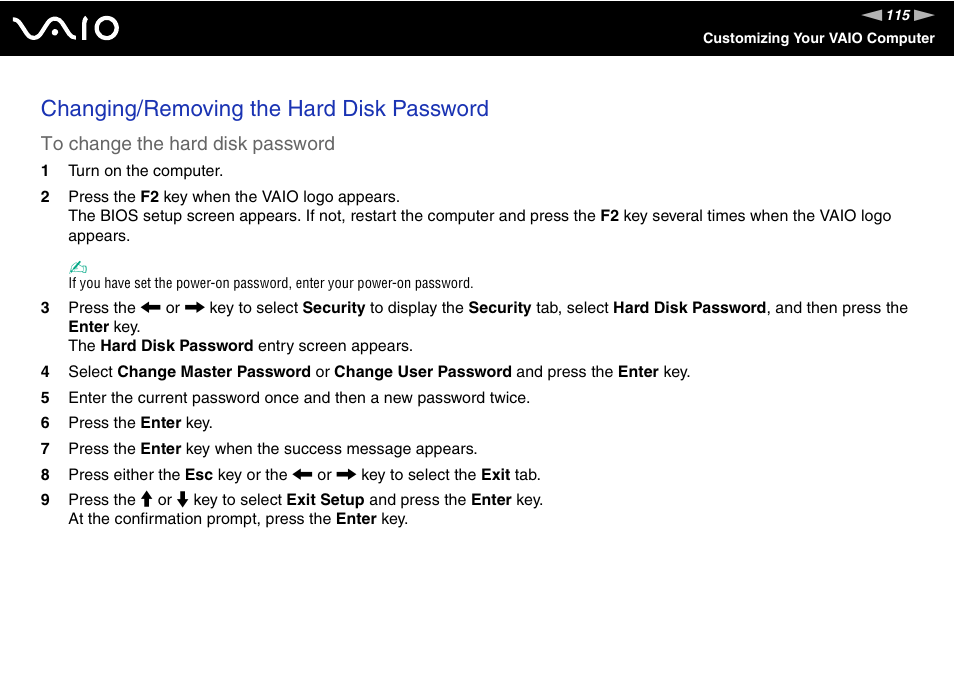 Changing/removing the hard disk password | Sony Ericsson VGN-SZ700 User Manual | Page 115 / 235