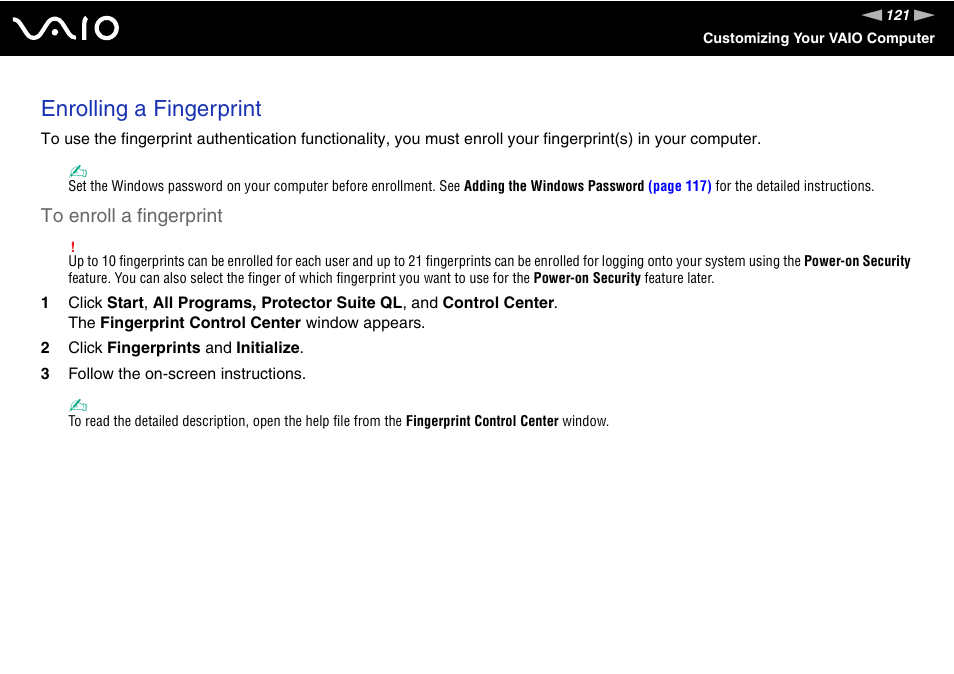 Enrolling a fingerprint | Sony Ericsson VGN-SZ700 User Manual | Page 121 / 235