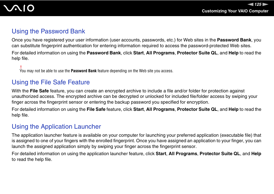 Using the password bank, Using the file safe feature, Using the application launcher | Sony Ericsson VGN-SZ700 User Manual | Page 125 / 235