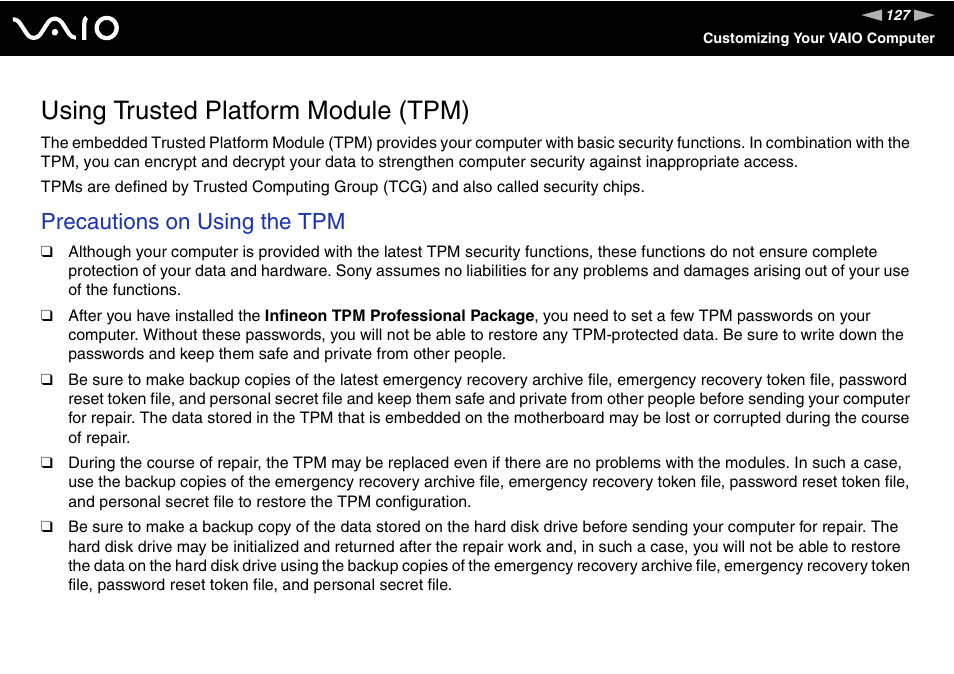 Using trusted platform module (tpm), Precautions on using the tpm | Sony Ericsson VGN-SZ700 User Manual | Page 127 / 235