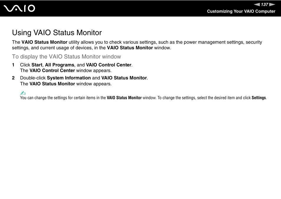 Using vaio status monitor | Sony Ericsson VGN-SZ700 User Manual | Page 137 / 235