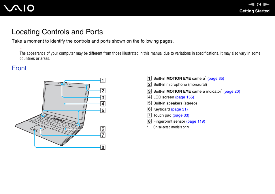 Locating controls and ports, Front | Sony Ericsson VGN-SZ700 User Manual | Page 14 / 235