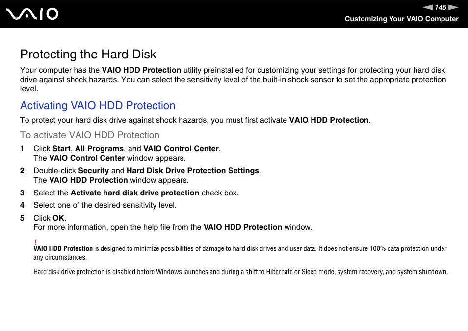 Protecting the hard disk, Activating vaio hdd protection | Sony Ericsson VGN-SZ700 User Manual | Page 145 / 235