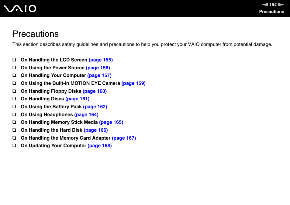 Precautions | Sony Ericsson VGN-SZ700 User Manual | Page 154 / 235