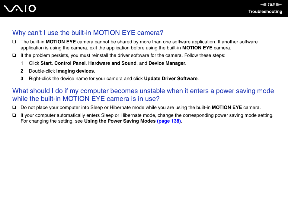 Why can't i use the built-in motion eye camera | Sony Ericsson VGN-SZ700 User Manual | Page 185 / 235