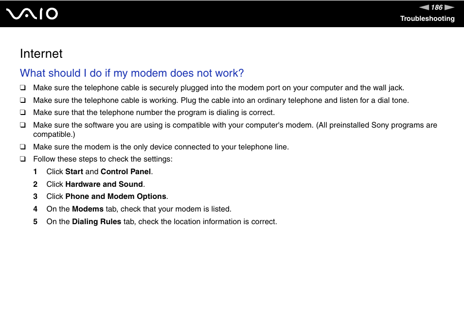 Internet, What should i do if my modem does not work | Sony Ericsson VGN-SZ700 User Manual | Page 186 / 235