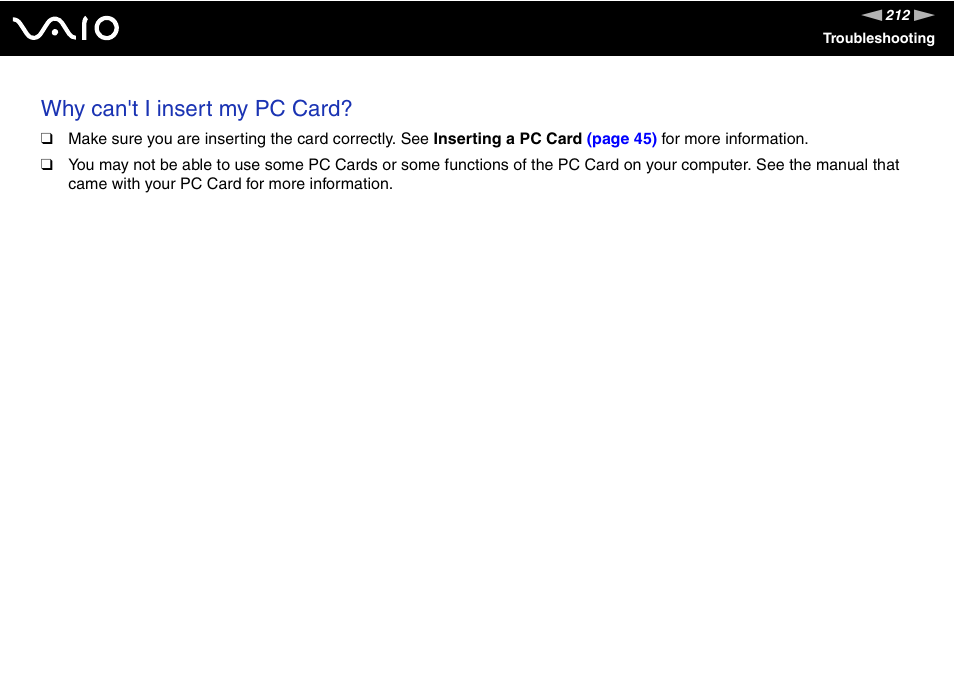 Why can't i insert my pc card | Sony Ericsson VGN-SZ700 User Manual | Page 212 / 235