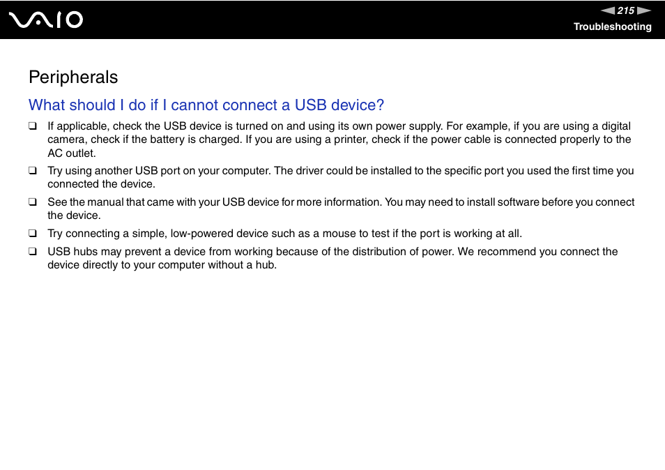 Peripherals, What should i do if i cannot connect a usb device | Sony Ericsson VGN-SZ700 User Manual | Page 215 / 235