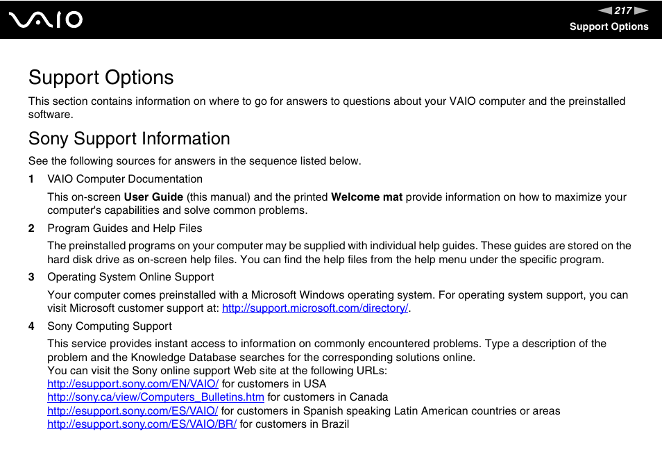 Support options, Sony support information, To vi | Sony Ericsson VGN-SZ700 User Manual | Page 217 / 235