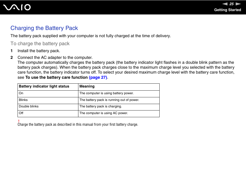 Charging the battery pack | Sony Ericsson VGN-SZ700 User Manual | Page 25 / 235