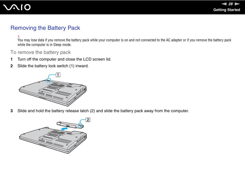 Removing the battery pack | Sony Ericsson VGN-SZ700 User Manual | Page 28 / 235