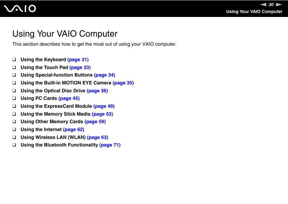 Using your vaio computer | Sony Ericsson VGN-SZ700 User Manual | Page 30 / 235