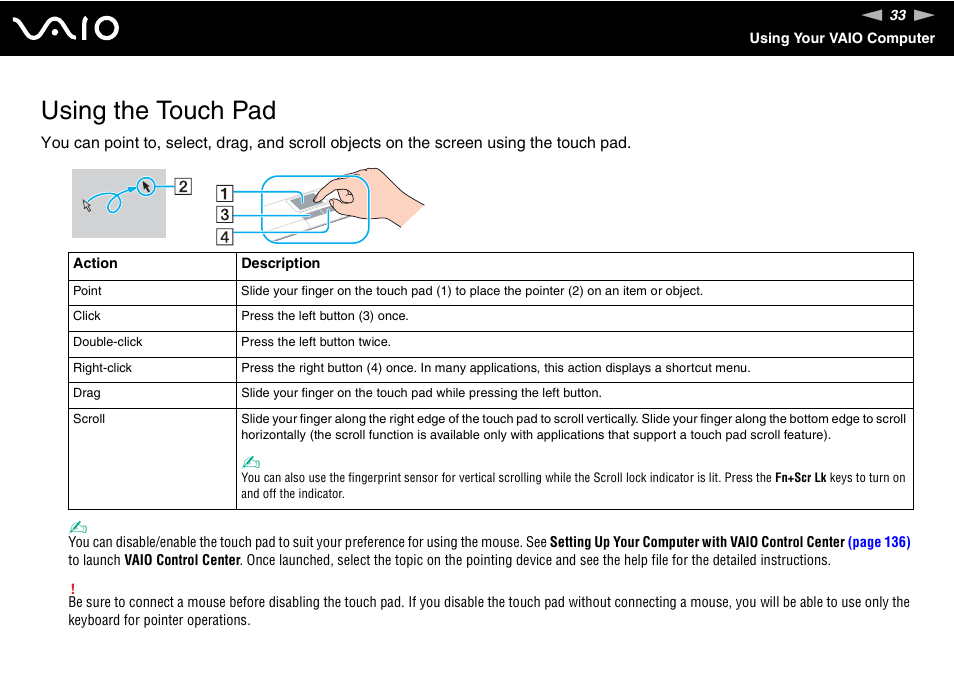 Using the touch pad | Sony Ericsson VGN-SZ700 User Manual | Page 33 / 235