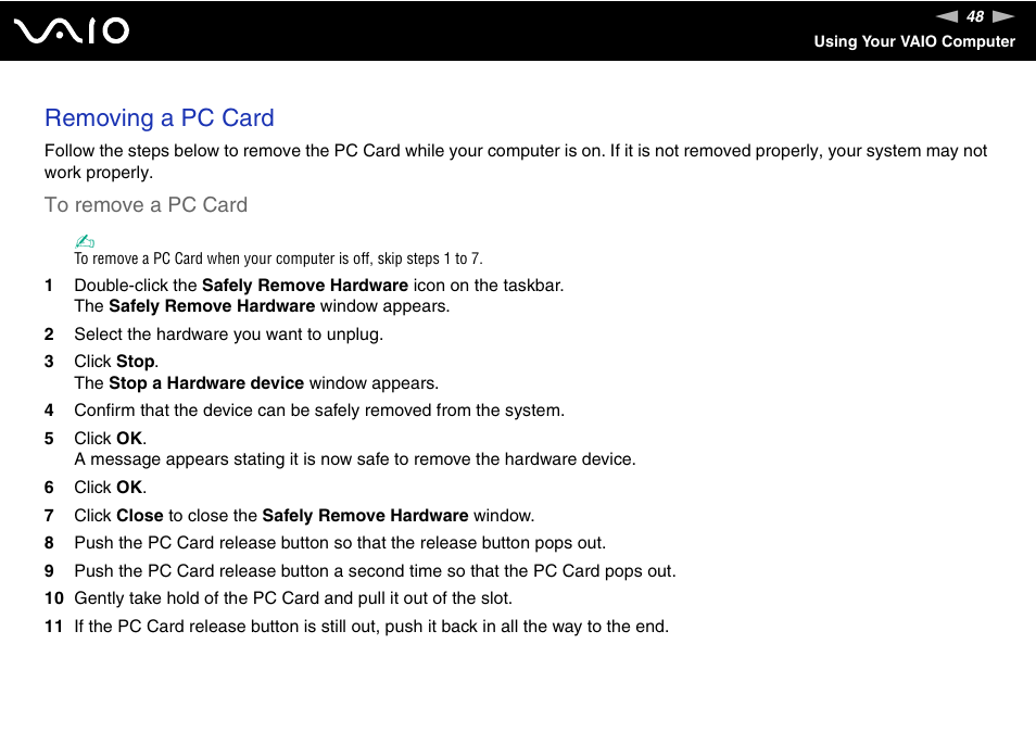 Removing a pc card | Sony Ericsson VGN-SZ700 User Manual | Page 48 / 235