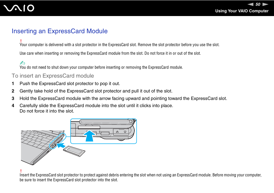 Inserting an expresscard module | Sony Ericsson VGN-SZ700 User Manual | Page 50 / 235