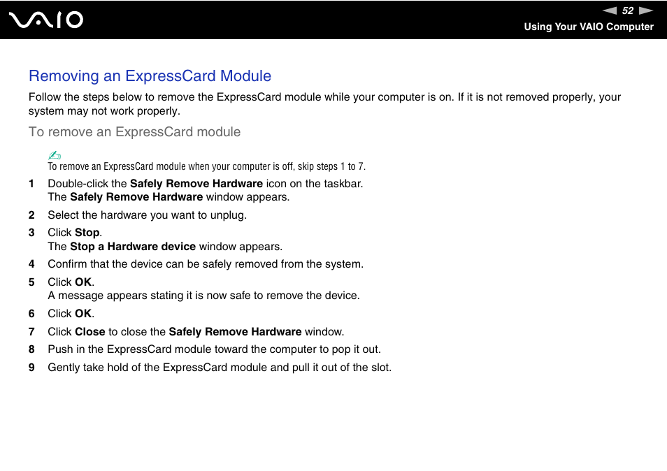 Removing an expresscard module | Sony Ericsson VGN-SZ700 User Manual | Page 52 / 235