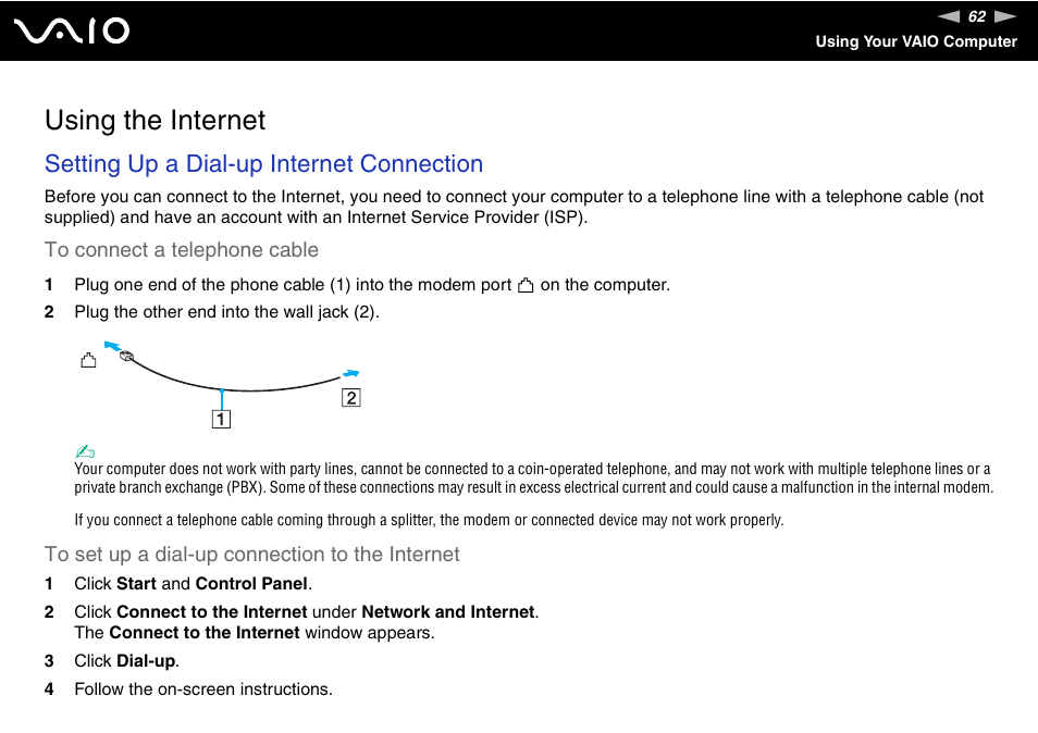 Using the internet, Setting up a dial-up internet connection | Sony Ericsson VGN-SZ700 User Manual | Page 62 / 235