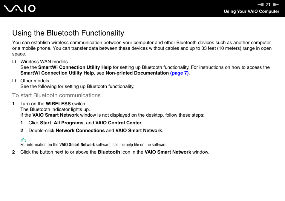 Using the bluetooth functionality | Sony Ericsson VGN-SZ700 User Manual | Page 71 / 235