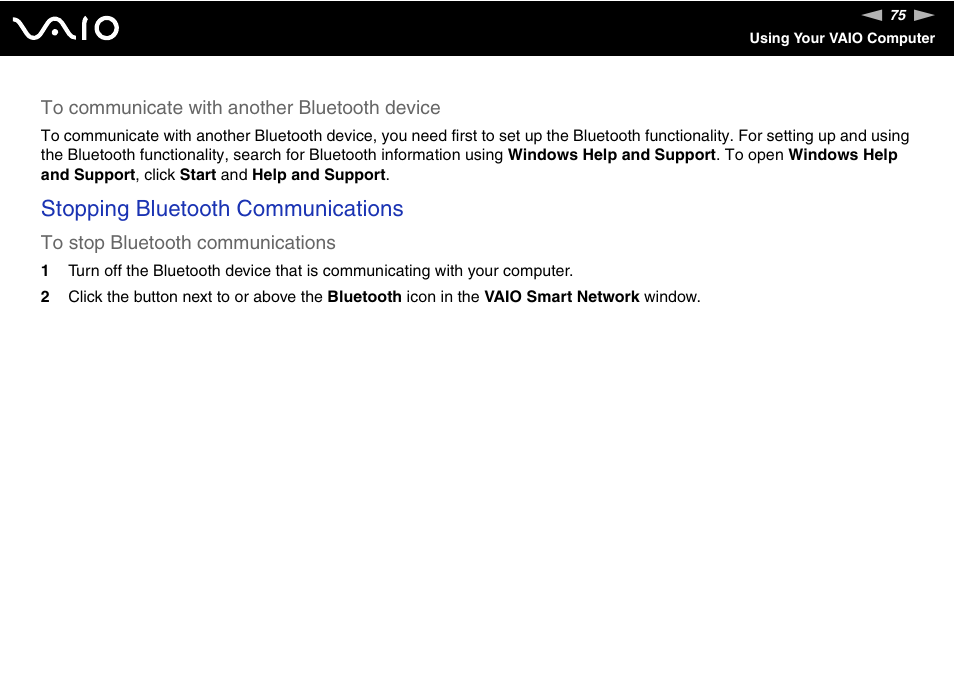 Stopping bluetooth communications | Sony Ericsson VGN-SZ700 User Manual | Page 75 / 235