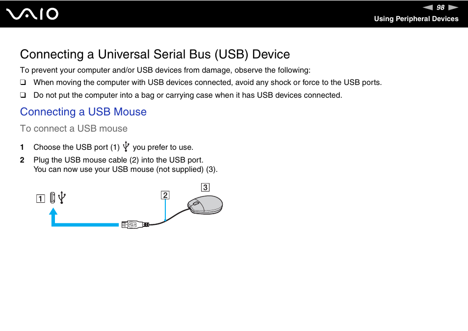 Connecting a universal serial bus (usb) device, Connecting a usb mouse | Sony Ericsson VGN-SZ700 User Manual | Page 98 / 235