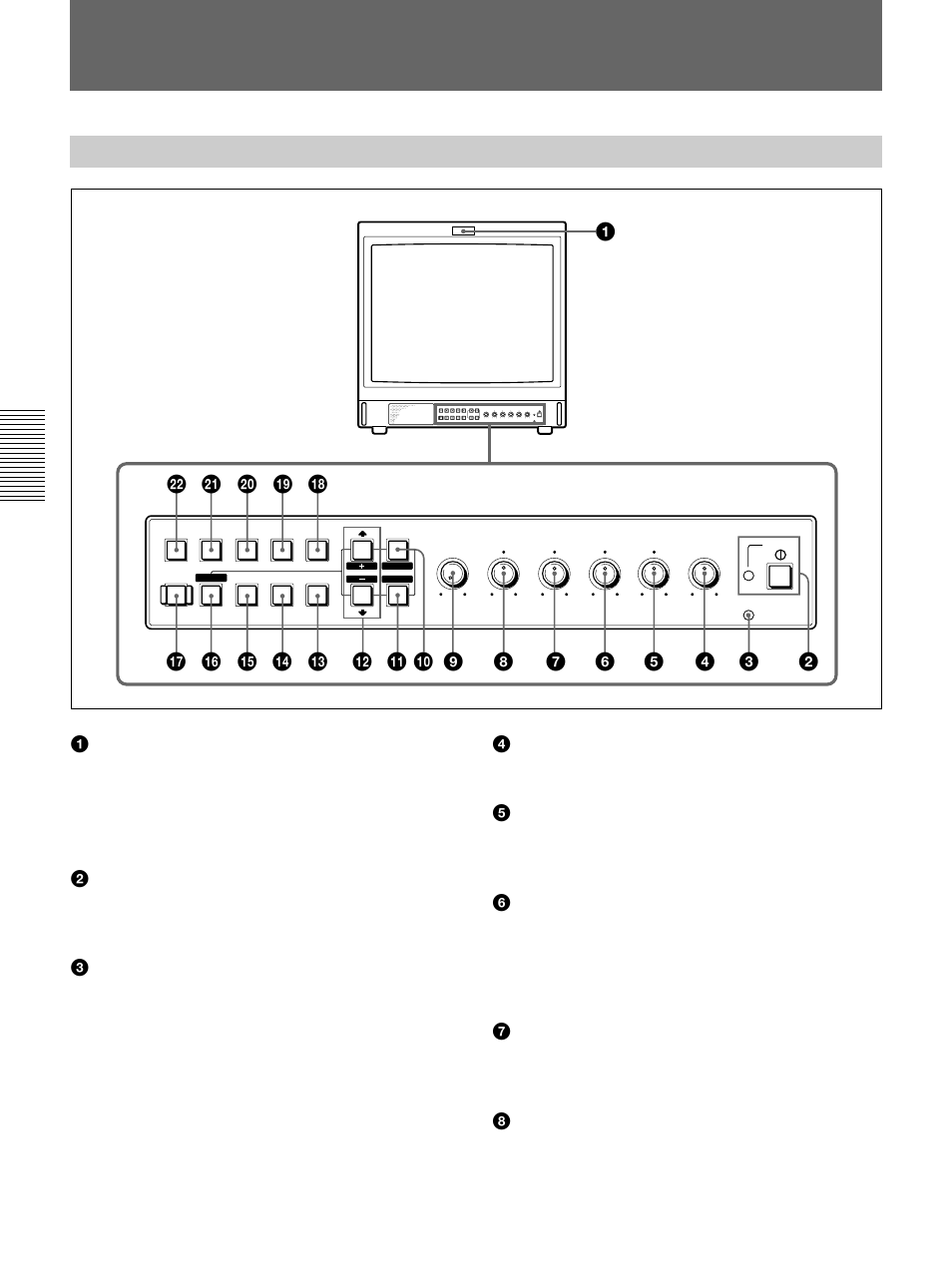 Ubicaci溶 y funci溶 de partes y controles, Panel frontal, Ubicación y función de partes y controles | Sony Ericsson PVM-20M4A User Manual | Page 42 / 56