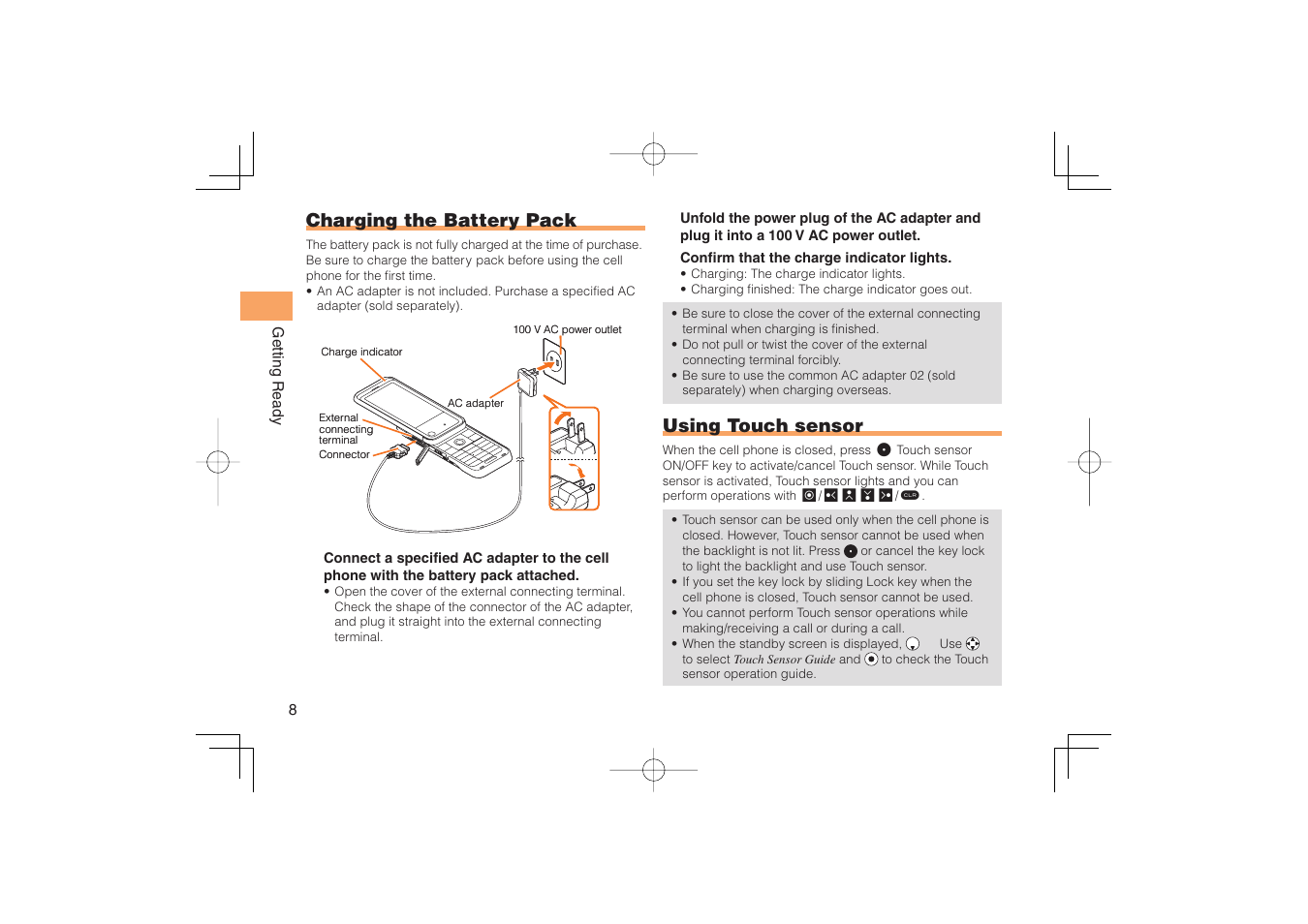 Charging the battery pack, Using touch sensor | Sony Ericsson IIDA G11 User Manual | Page 10 / 62