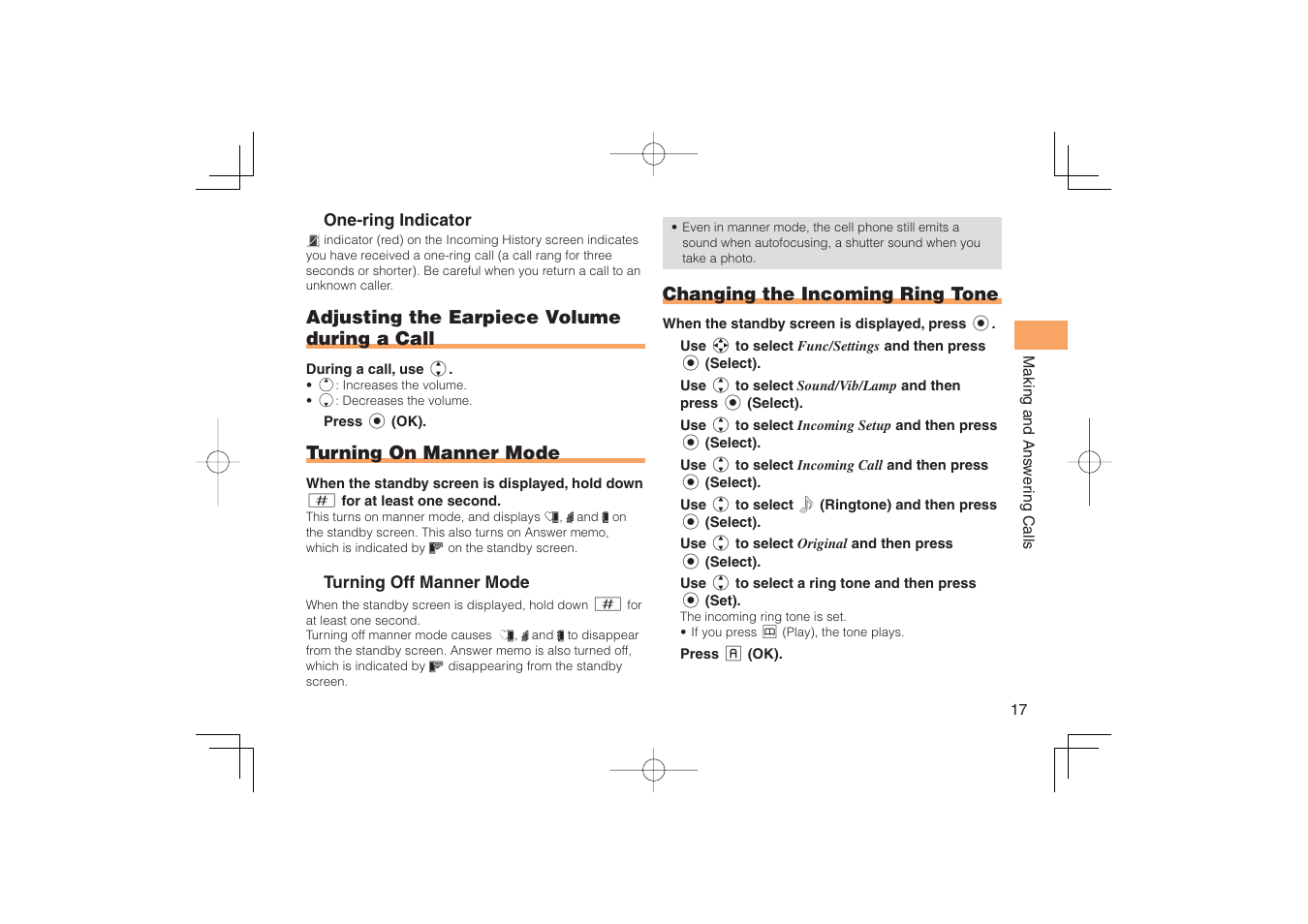 Adjusting the earpiece volume during a call, Turning on manner mode, Changing the incoming ring tone | Sony Ericsson IIDA G11 User Manual | Page 19 / 62