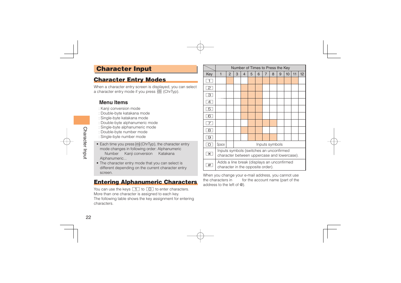 Character input, Character entry modes, Entering alphanumeric characters | Sony Ericsson IIDA G11 User Manual | Page 24 / 62