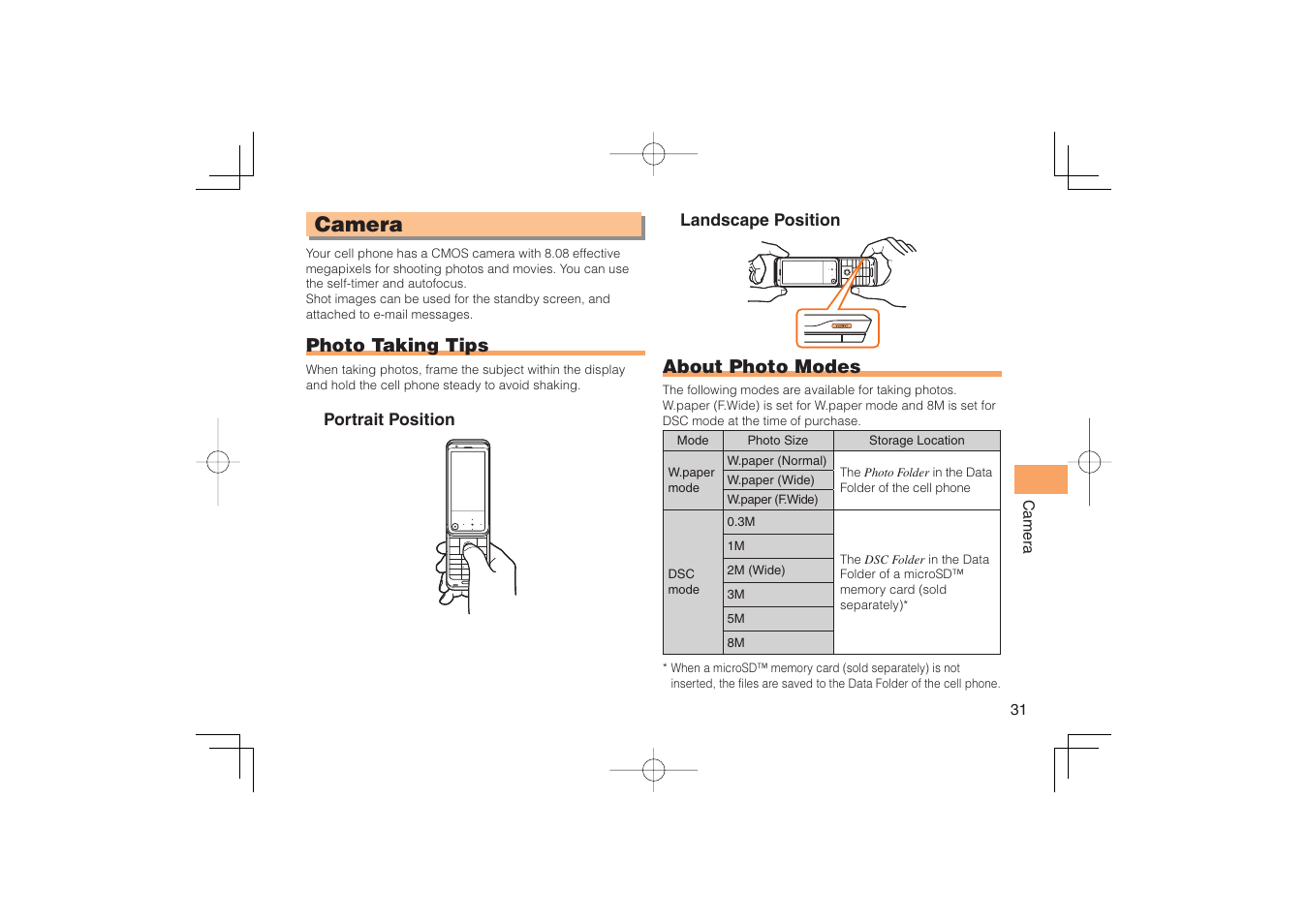 Camera, Photo taking tips, About photo modes | Sony Ericsson IIDA G11 User Manual | Page 33 / 62