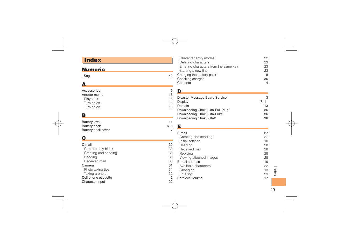 Index, Numeric | Sony Ericsson IIDA G11 User Manual | Page 51 / 62