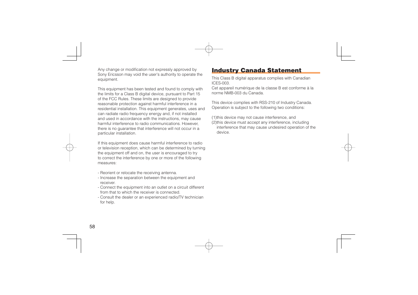 Industry canada statement | Sony Ericsson IIDA G11 User Manual | Page 60 / 62